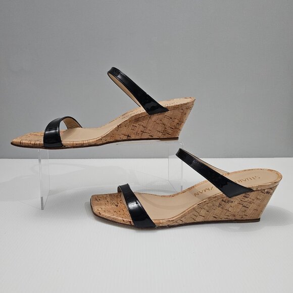 Stuart Weitzman Black Patent Leather Wedge Sandals - Picture 2 of 12